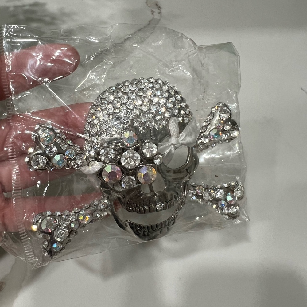 Skull and Crossbones Belt Buckle Silver with Rhinestone Bling